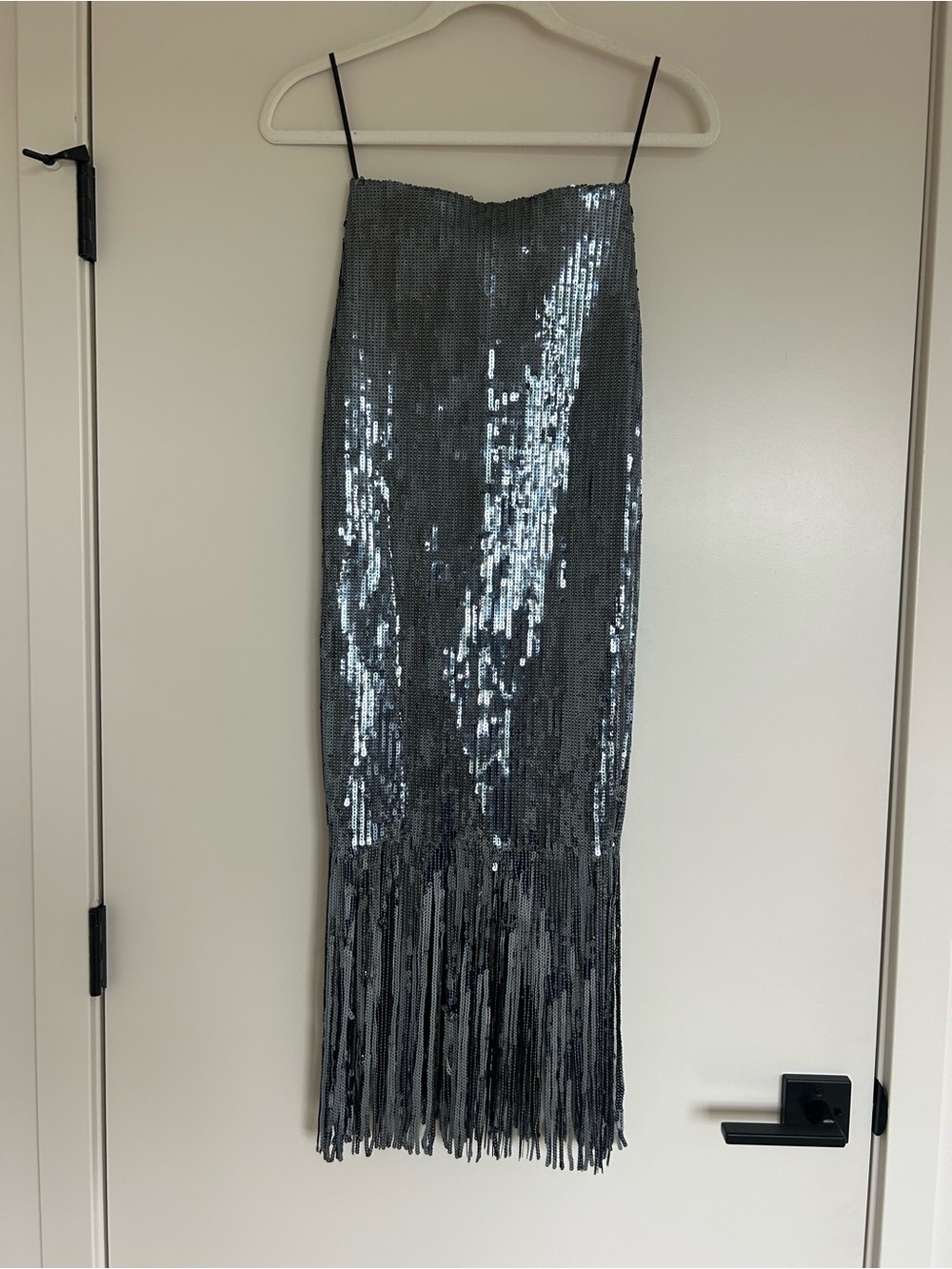 NWT Rebecca Vallance Navy Sequin Fringe Midi Skirt